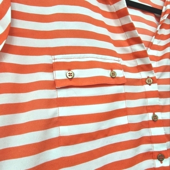 New York & Company Orange Coral White Striped Short Cap Sleeve V Neck Blouse - Picture 5 of 9